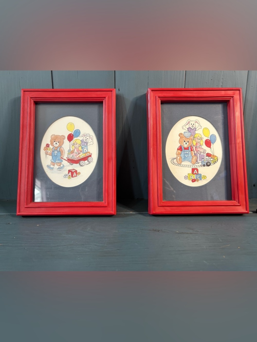 Homco Red Framed Children's Bear Prints with Balloons, Trains & ABC’s | Vtg 1992